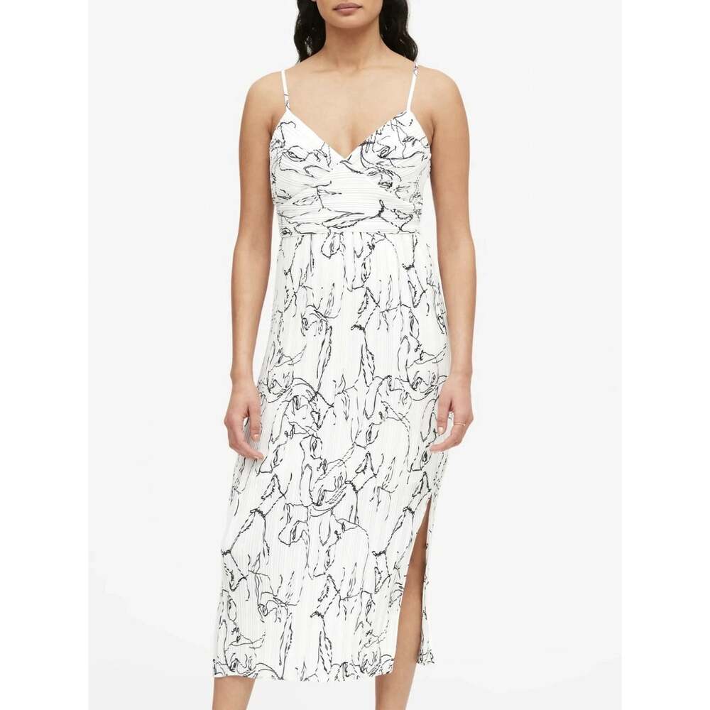 Banana Republic Plissé Print Midi Sun Dress Women's 6 Petite White Strappy Slit
